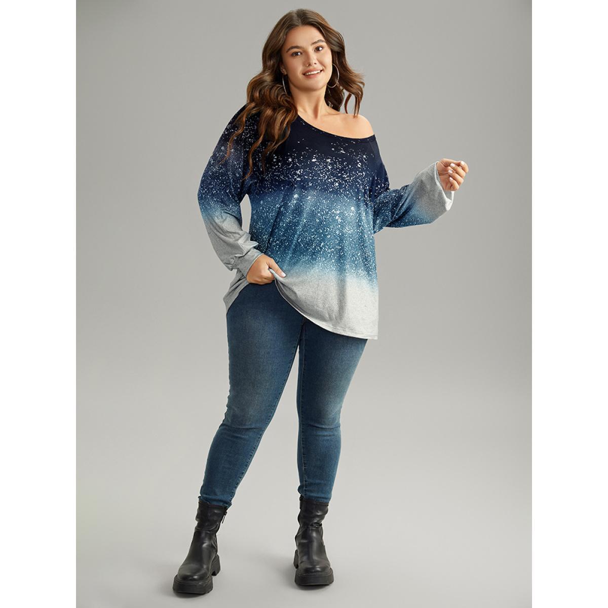 Plus Size Ombre Raglan Sleeve Contrast T-shirt Blue Women Casual Elastic cuffs Colorblock Round Neck Everyday T-shirts BloomChic 12/L Product Image