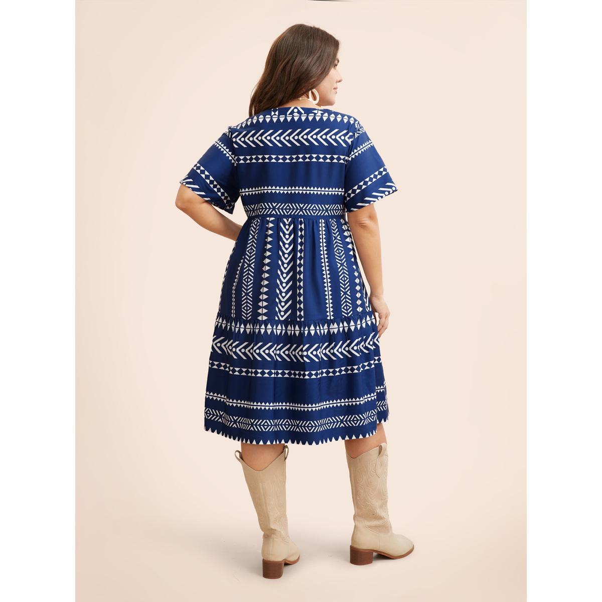 Plus Size Bandana Geometric Ruffle Sleeve Babydoll Dress DarkBlue Women Vacation Notched collar Short sleeve Curvy Knee Dress BloomChic 30/6X Product Image