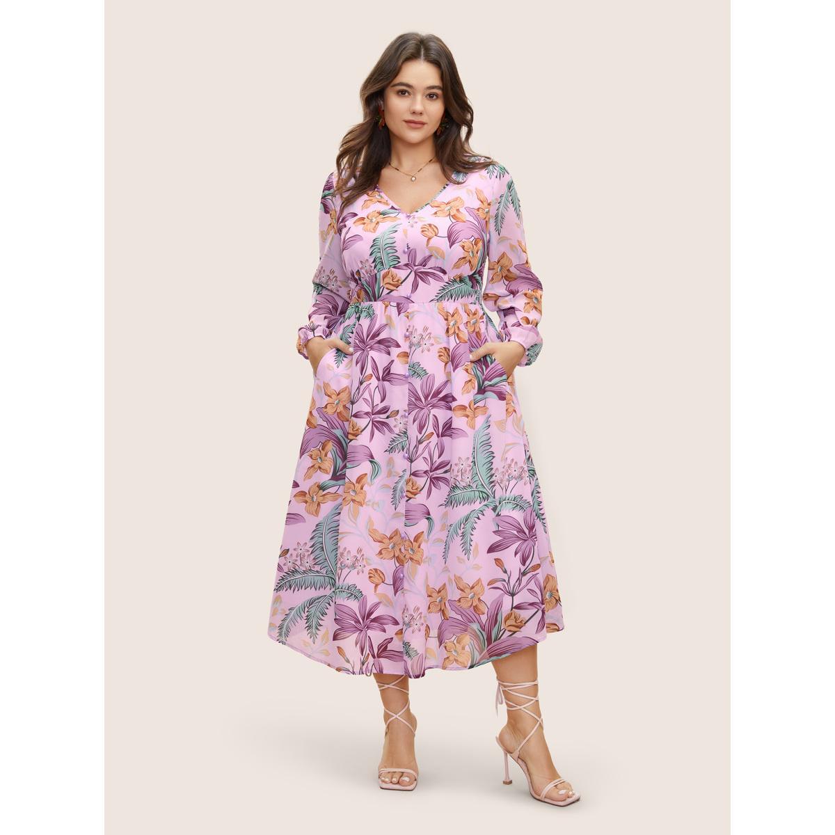 Plus Size Chiffon Floral Print Beaded Detail Elastic Cuffs Dress Lilac Women Elegant Non V-neck Long Sleeve Curvy Midi Dress BloomChic 14-16/1X Product Image