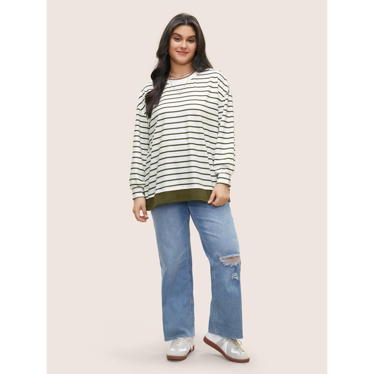 Plus Size 2-In-1 Contrast Striped Patchwork Sweatshirt Women ArmyGreen Casual Contrast Round Neck Everyday Sweatshirts BloomChic 10/M Product Image