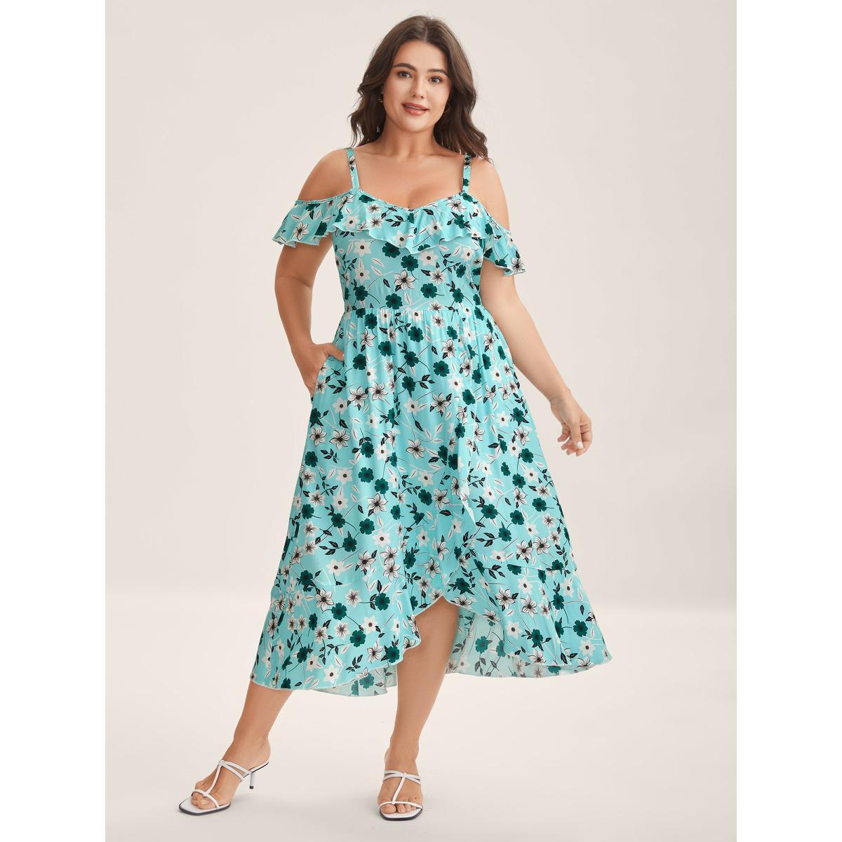 Plus Size Off-Shoulder Floral Print Adjustable Midi Dress Turquoise Women Non Sleeveless Curvy BloomChic 30/6X Product Image