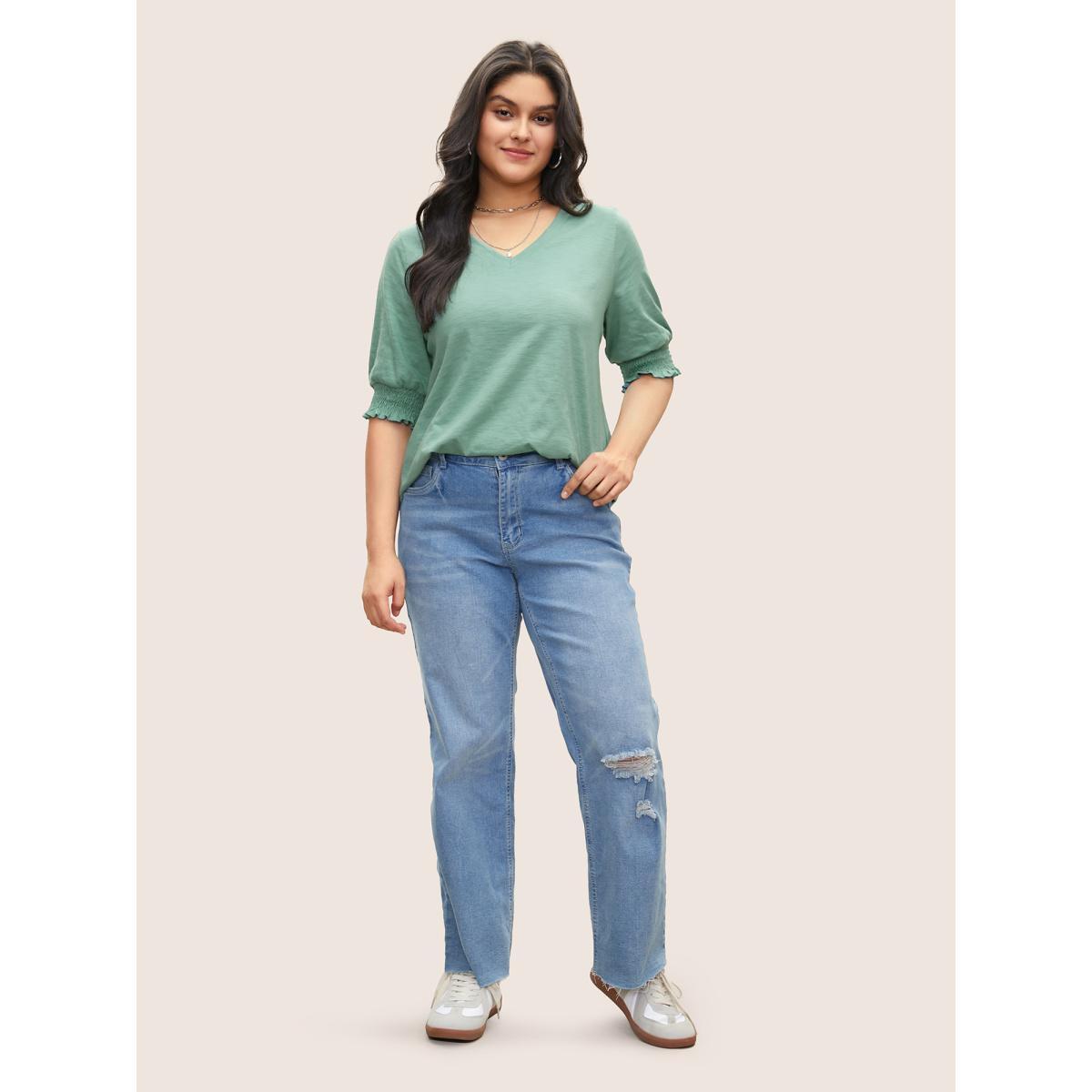 Plus Size Solid Lantern Sleeve V Neck Shirred T-shirt Mint Women Casual Non Plain V-neck Everyday T-shirts BloomChic 28/5X Product Image