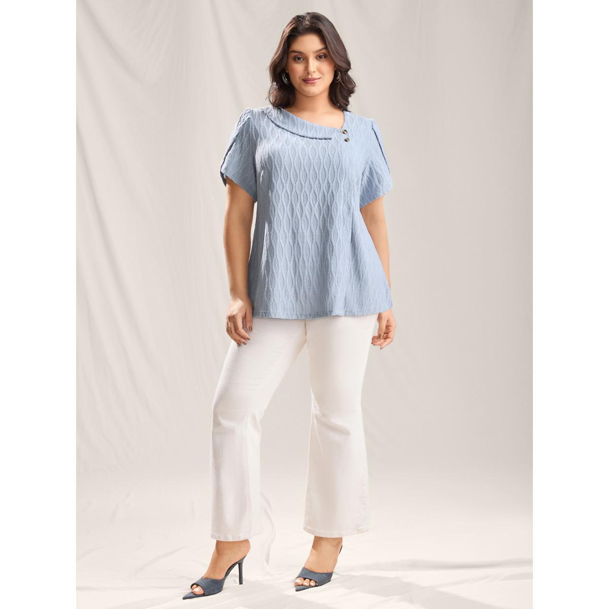Plus Size Stone Asymmetrical Collar Textured Plain Blouse Women Short sleeve Asymmetrical Neck Work Blouses BloomChic 30/6X Product Image