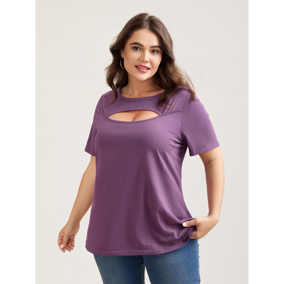 Plus Size Cotton Flirty Cutout Curvy T-Shirt Mauve Women Casual Cut-Out Round Neck Everyday T-shirts BloomChic 22-24/3X Product Image
