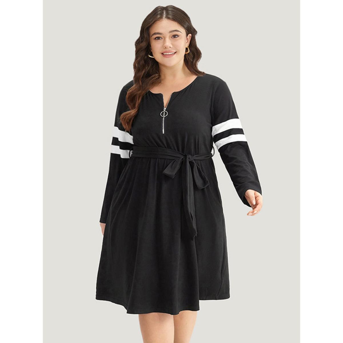 Plus Size Colorblock Patchwork Zipper Belted Dress Black Women Casual Belted Round Neck Long Sleeve Curvy Midi Dress BloomChic 10/M Product Image