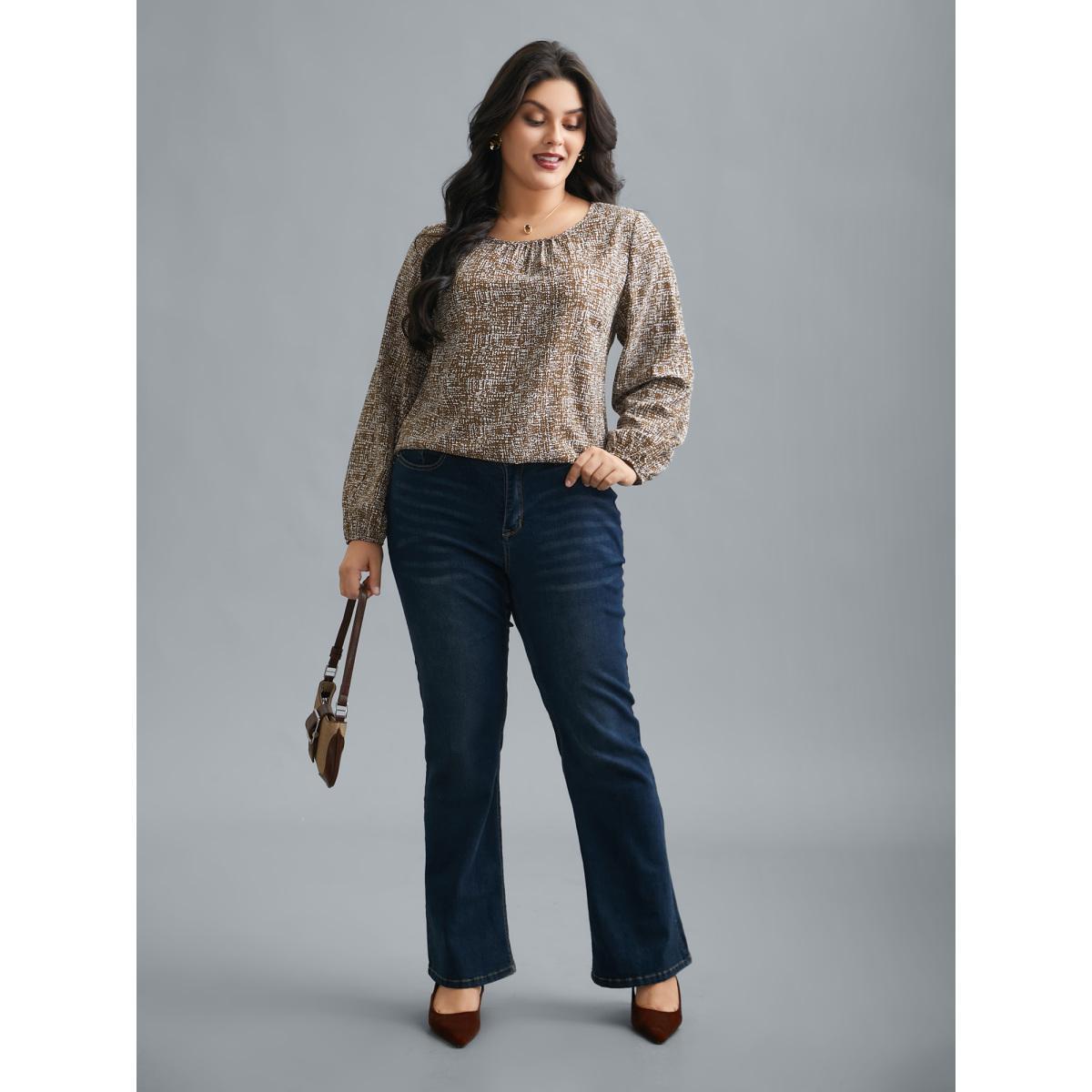Plus Size Yellowishbrown Crew Neck Geometric Print Gathered Blouse Women At the Office Long Sleeve Round Neck Work Blouses BloomChic 18-20/2X Product Image
