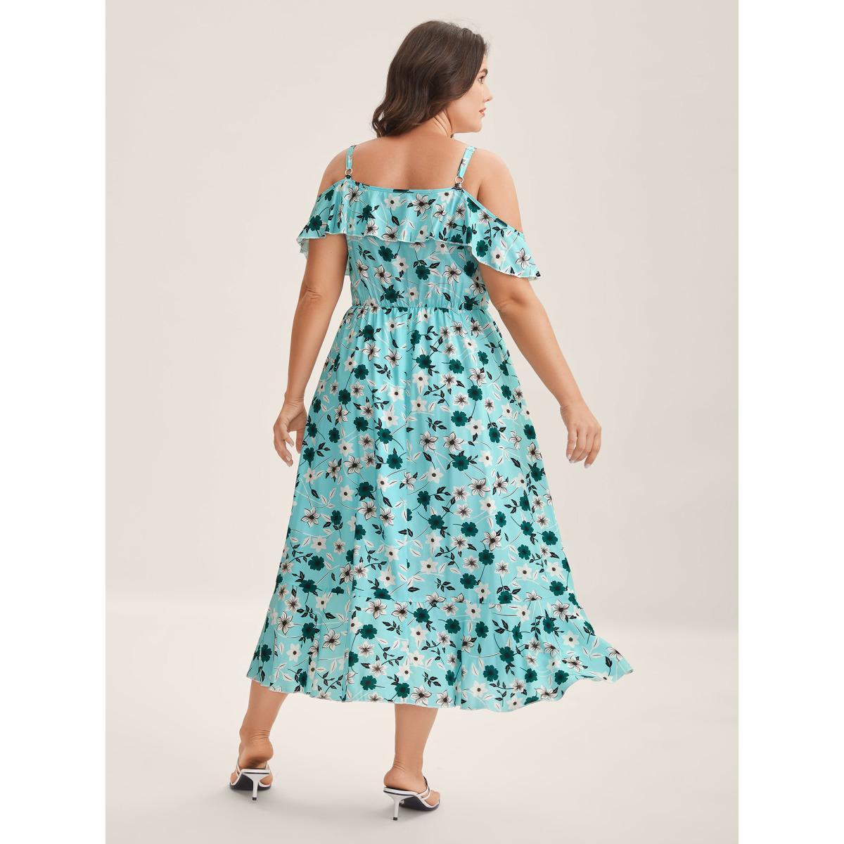 Plus Size Off-Shoulder Floral Print Adjustable Midi Dress Turquoise Women Non Sleeveless Curvy BloomChic 30/6X Product Image
