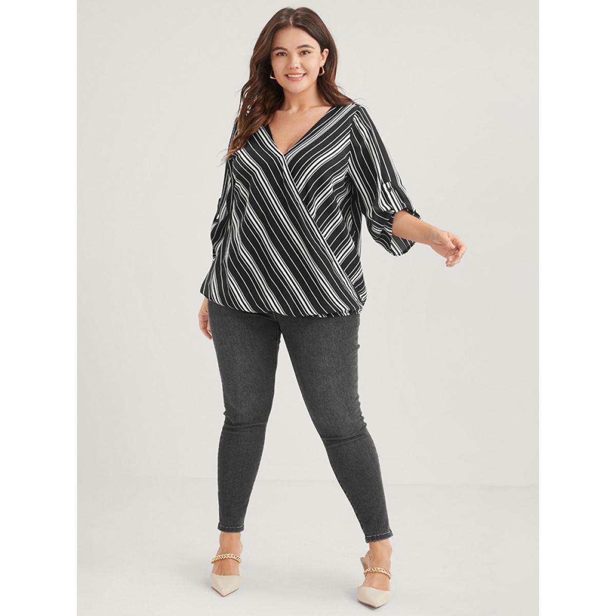 Plus Size Black Striped Button Cuffed Sleeve Wrap Blouse Women Vacation Short sleeve V-neck Dailywear Blouses BloomChic 12/L Product Image