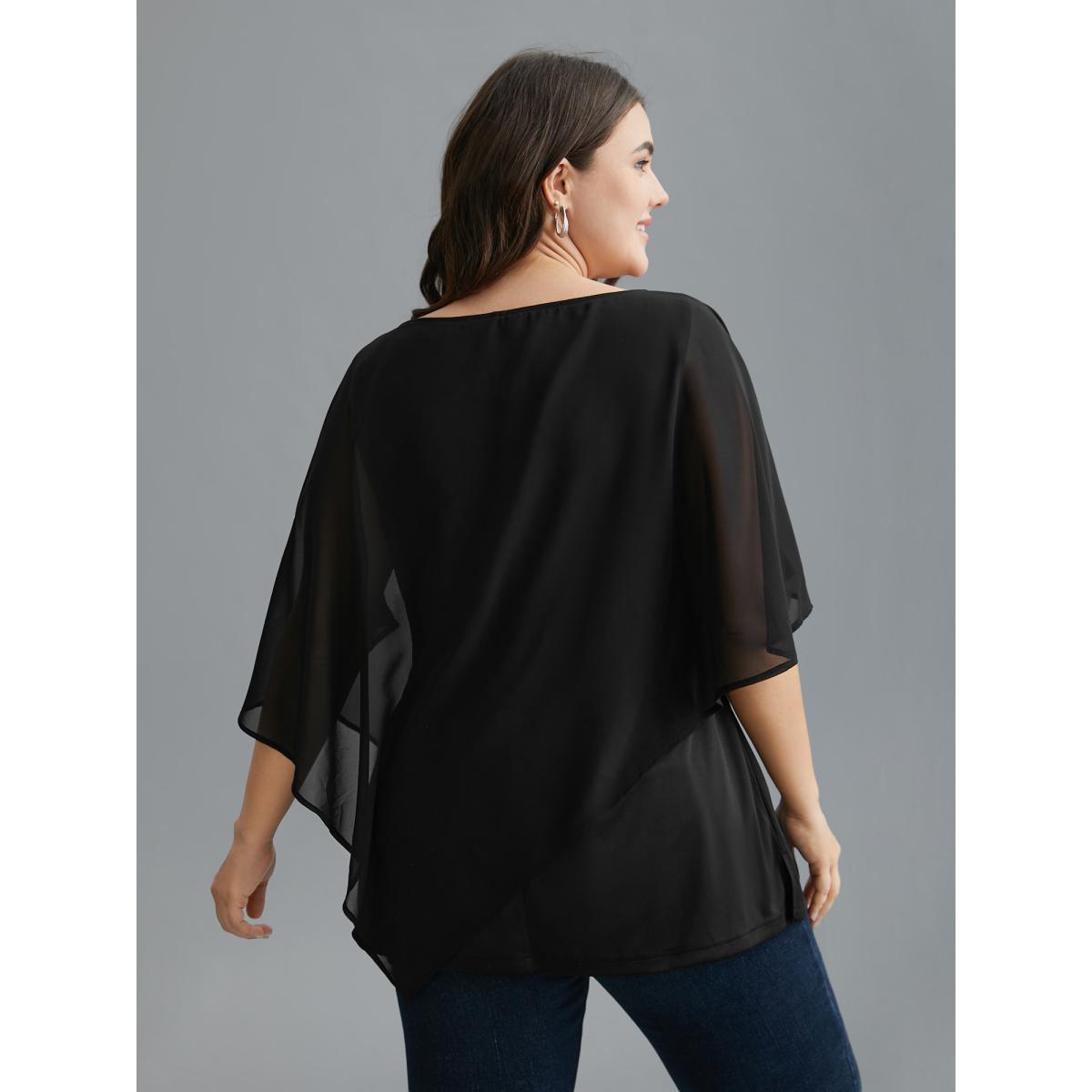 Plus Size Black Rhinestone Asymmetrical Hem Ruffle Sleeve Blouse Women Cocktail Half Sleeve Boat Neck Party Blouses BloomChic 14-16/1X Product Image