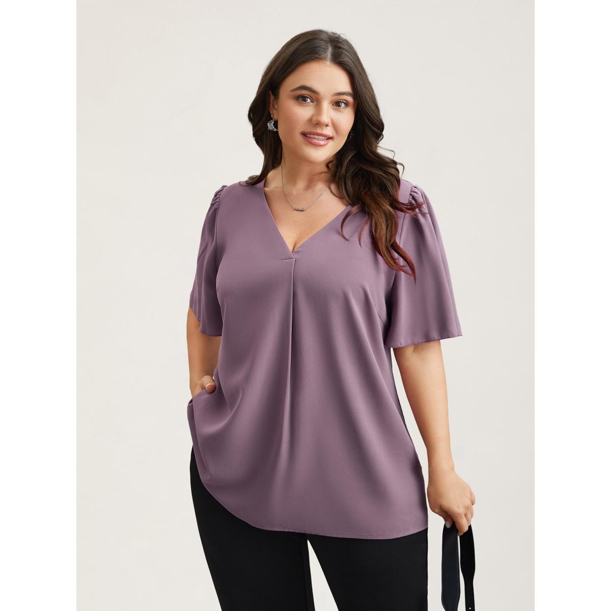 Plus Size Mauve Pleated-Front Flutter Sleeve Shirt Women At the Office Short sleeve V-neck Work Blouses BloomChic 14-16/1X Product Image
