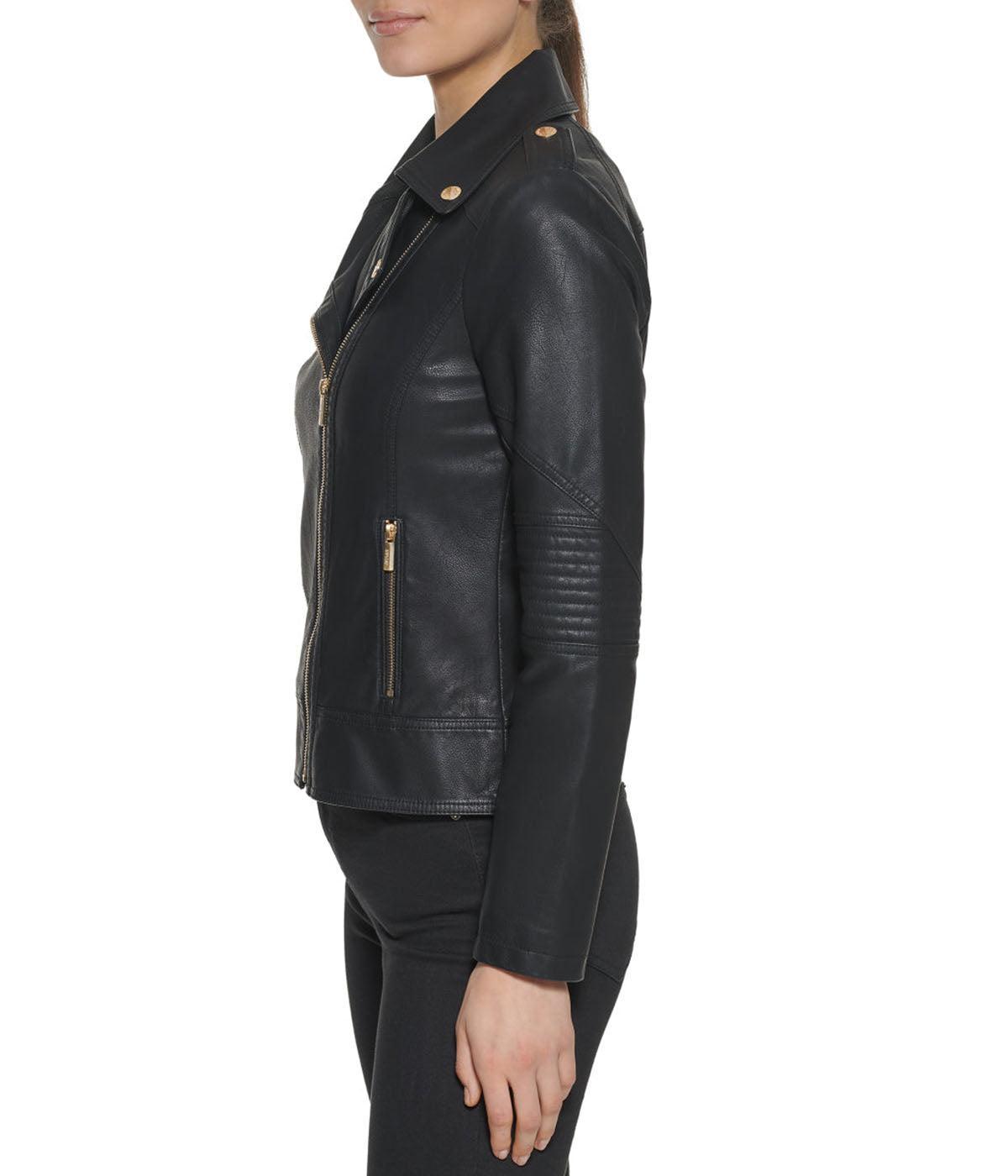 Faux Leather Asymmetrical Moto Jacket Black Product Image