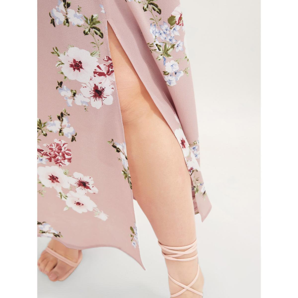 Plus Size Floral Square Neck Ruffles Pocket Shirred Split Dress DustyPink Women Elegant Non Square Neck Short sleeve Curvy BloomChic 18-20/2X Product Image