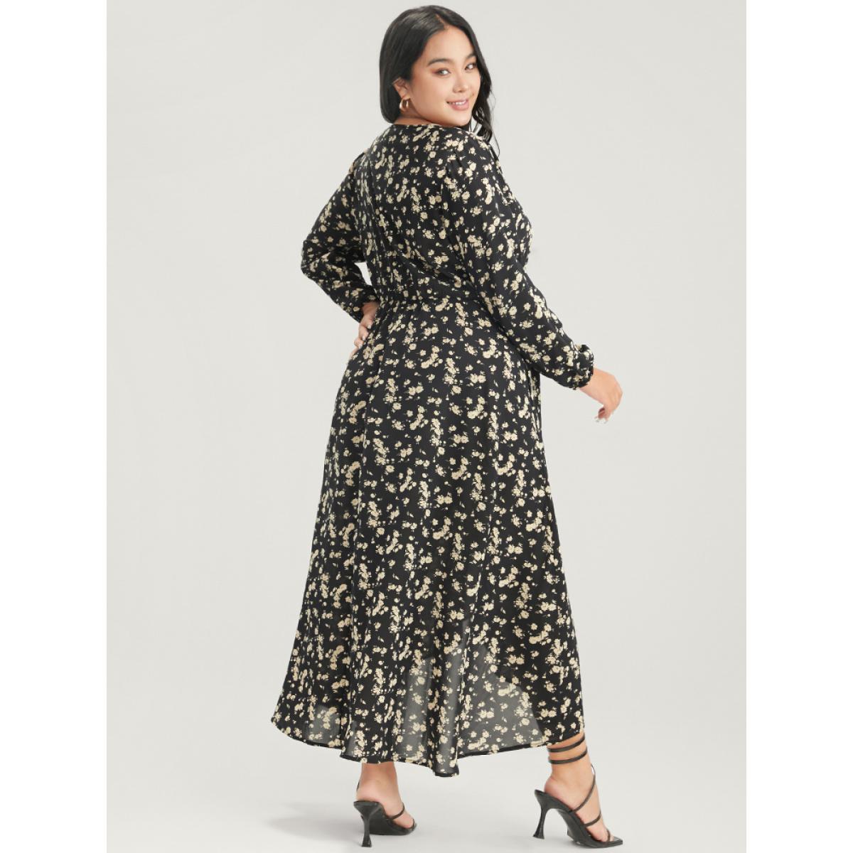 Plus Size Floral Wrap Lantern Sleeve Pocket Asymmetrical Hem Dress Black Women Elegant Cross straps V-neck Long Sleeve Curvy Long Dress BloomChic 22-24/3X Product Image