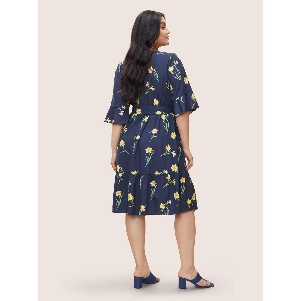 Plus Size Floral Print Belted Gathered Bell Sleeve Dress DarkBlue Women Elegant Non Round Neck Elbow-length sleeve Curvy Midi Dress BloomChic 28/5X Product Image