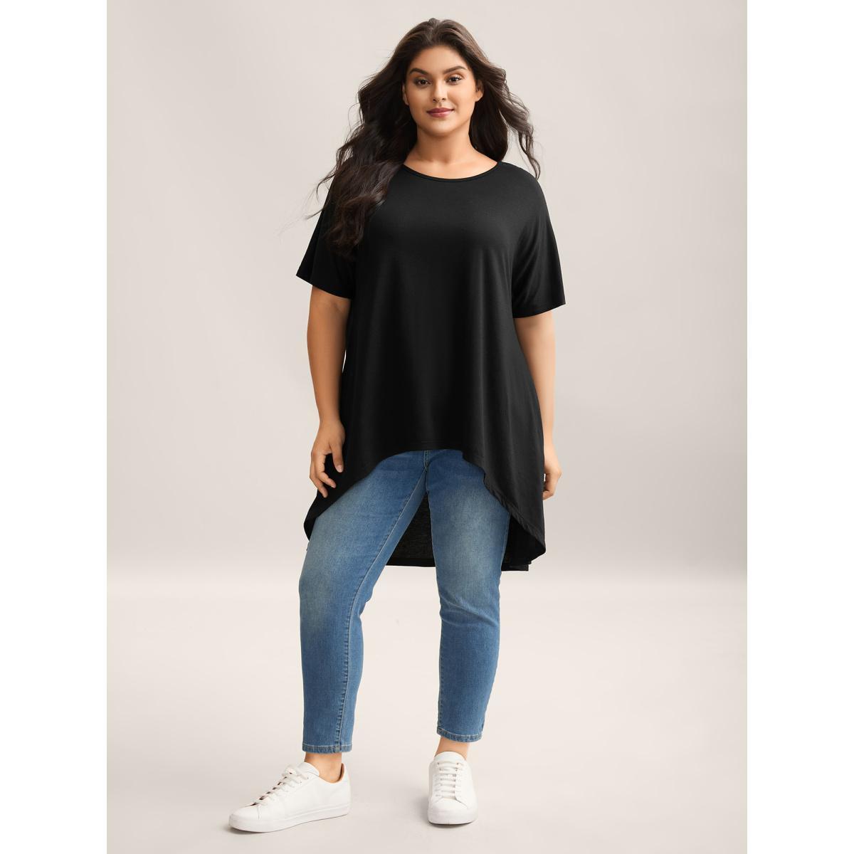 Plus Size Supersoft Stretchy High-Low Hem T-Shirt Black Women Non Round Neck Loose Everyday-Casual T-shirts BloomChic 14-16/1X Product Image
