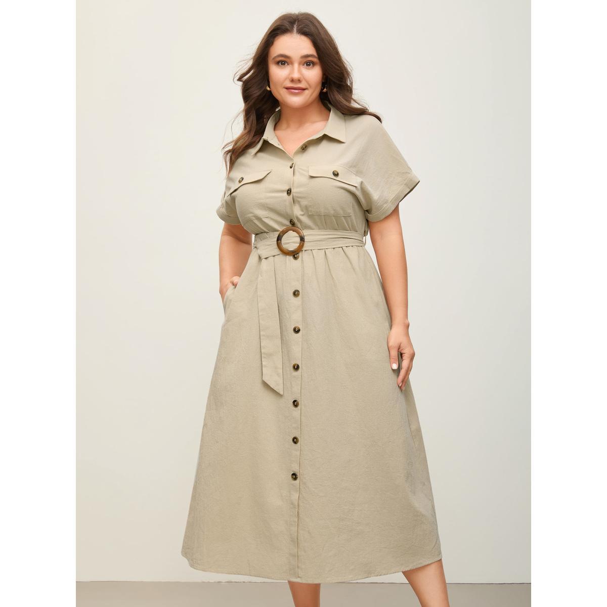 Plus Size Pure Cotton Button-Front Belted Midi Dress Apricot Women Belted Shirt collar Short sleeve Curvy BloomChic 10/M Product Image