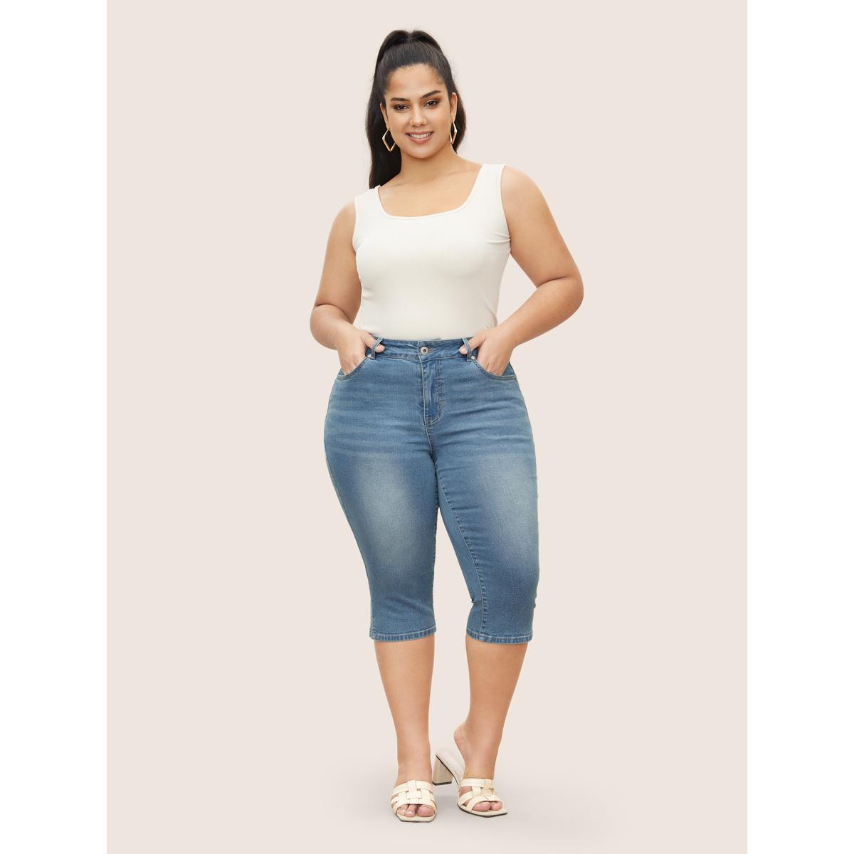Plus Size Light Wash Slit Side Pull On Jegging Jeans Women LightBlue Casual Button High stretch Slanted pocket Jeans BloomChic 18/2X Product Image
