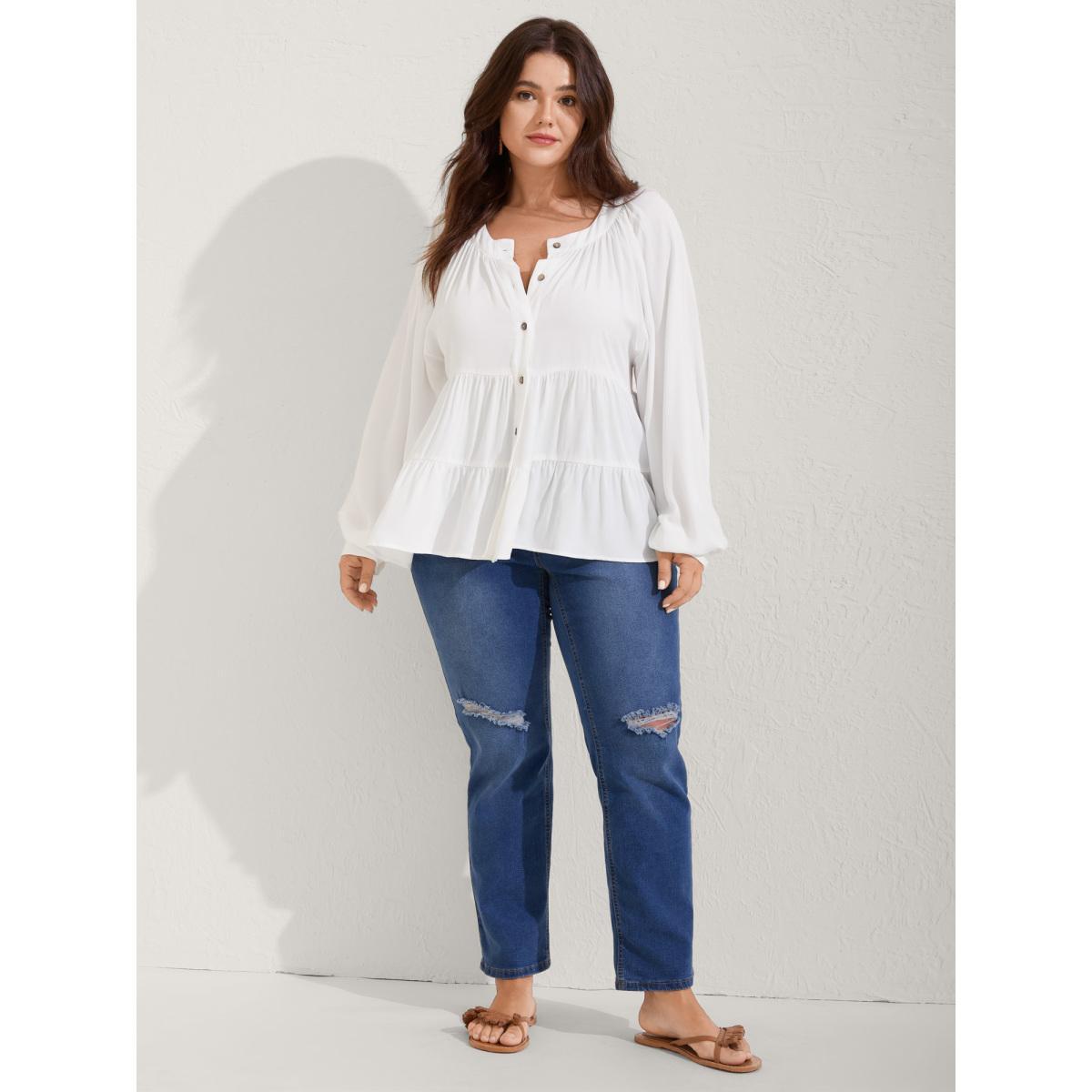 Plus Size Originalwhite Tiered Button Placket Puffy Sleeve Blouse Women Extra Long Sleeve Round Neck Vacation Blouses BloomChic 22-24/3X Product Image