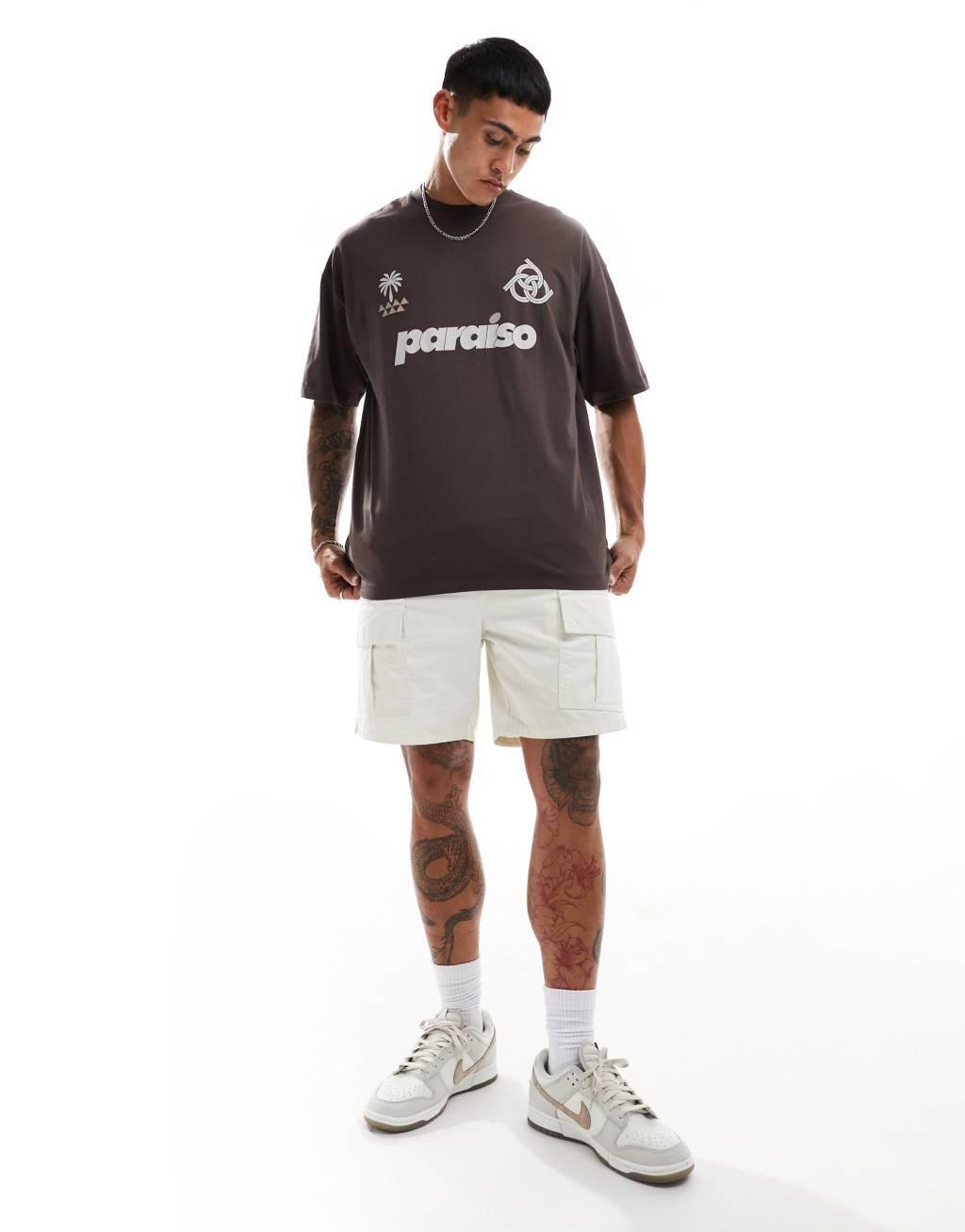 ASOS DESIGN oversized t-shirt with paraiso front print in brown Product Image