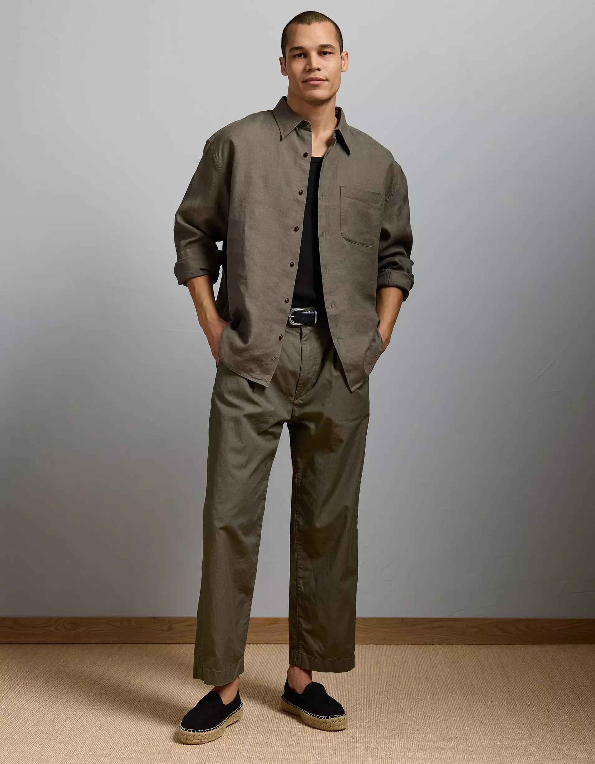 AE77 Premium Relaxed Linen Button-Up Shirt Product Image