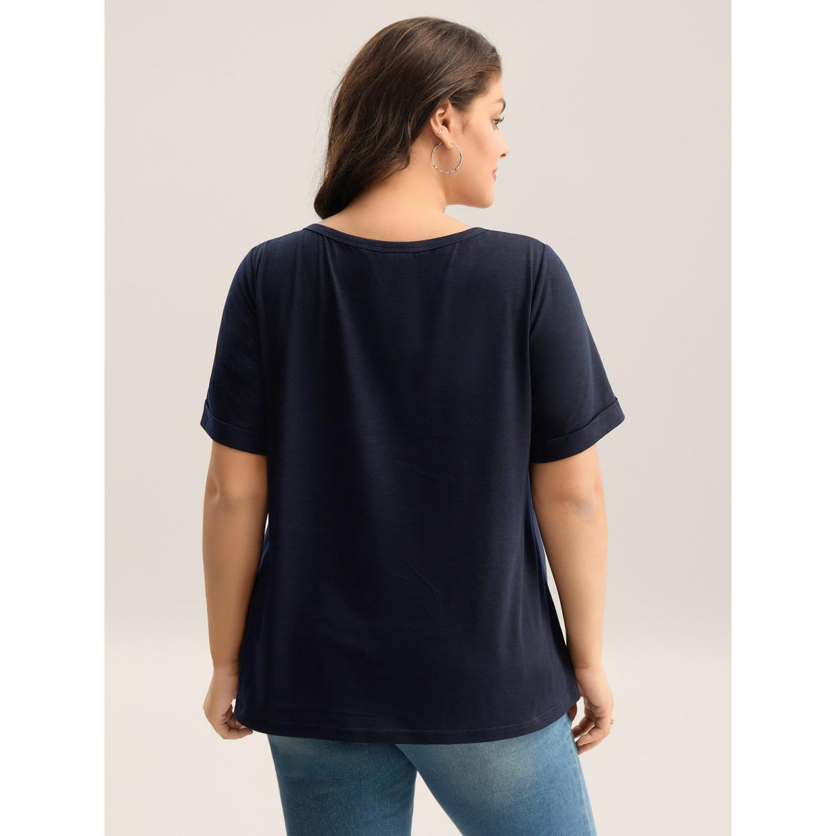 Plus Size Solid Split Neck Button Detail T-Shirt Indigo Women Button Notched collar Everyday-Casual T-shirts BloomChic 28/5X Product Image