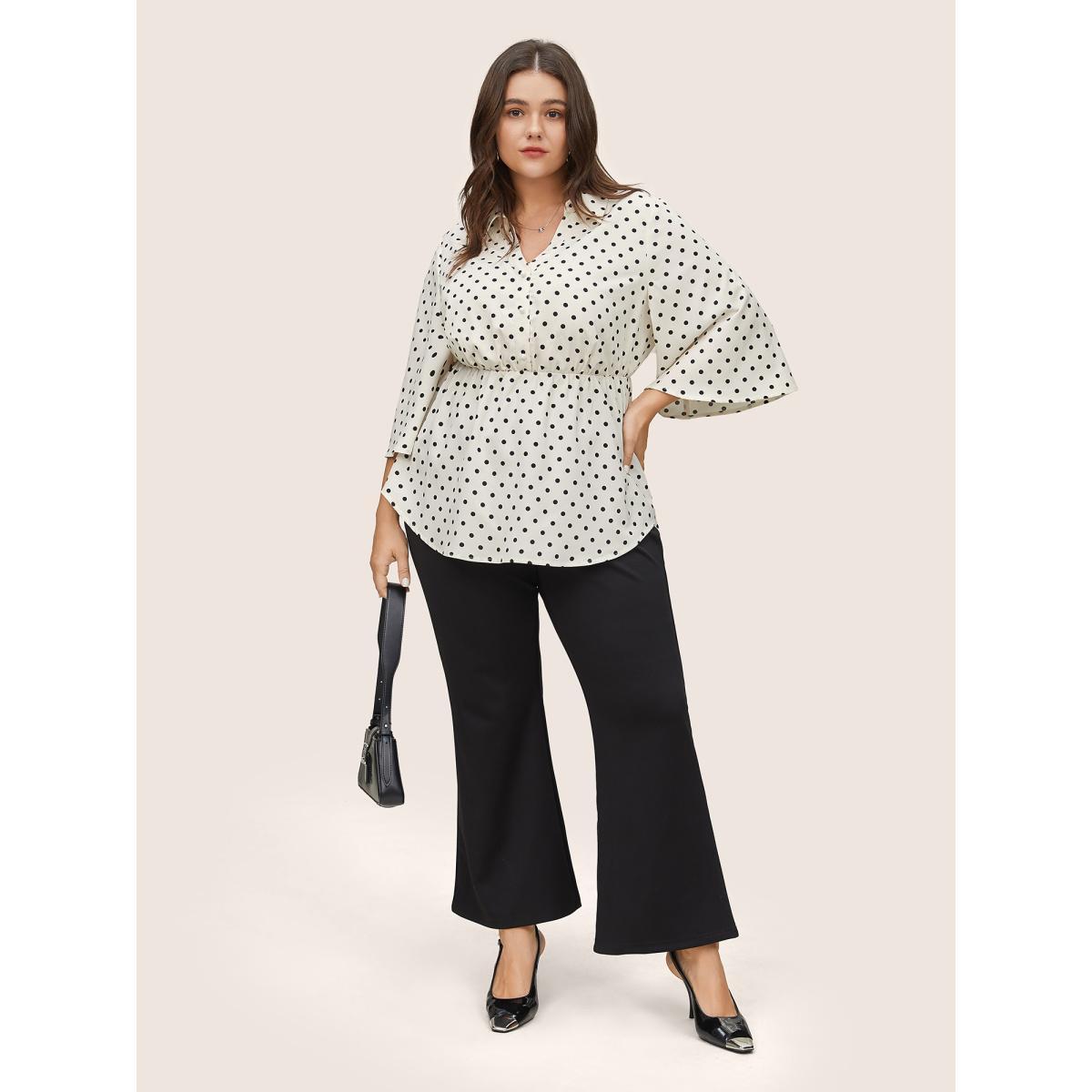 Plus Size Ivory Polka Dot Button Detail Arc Hem Blouse Women At the Office Elbow-length sleeve Shirt collar Work Blouses BloomChic 28/5X Product Image