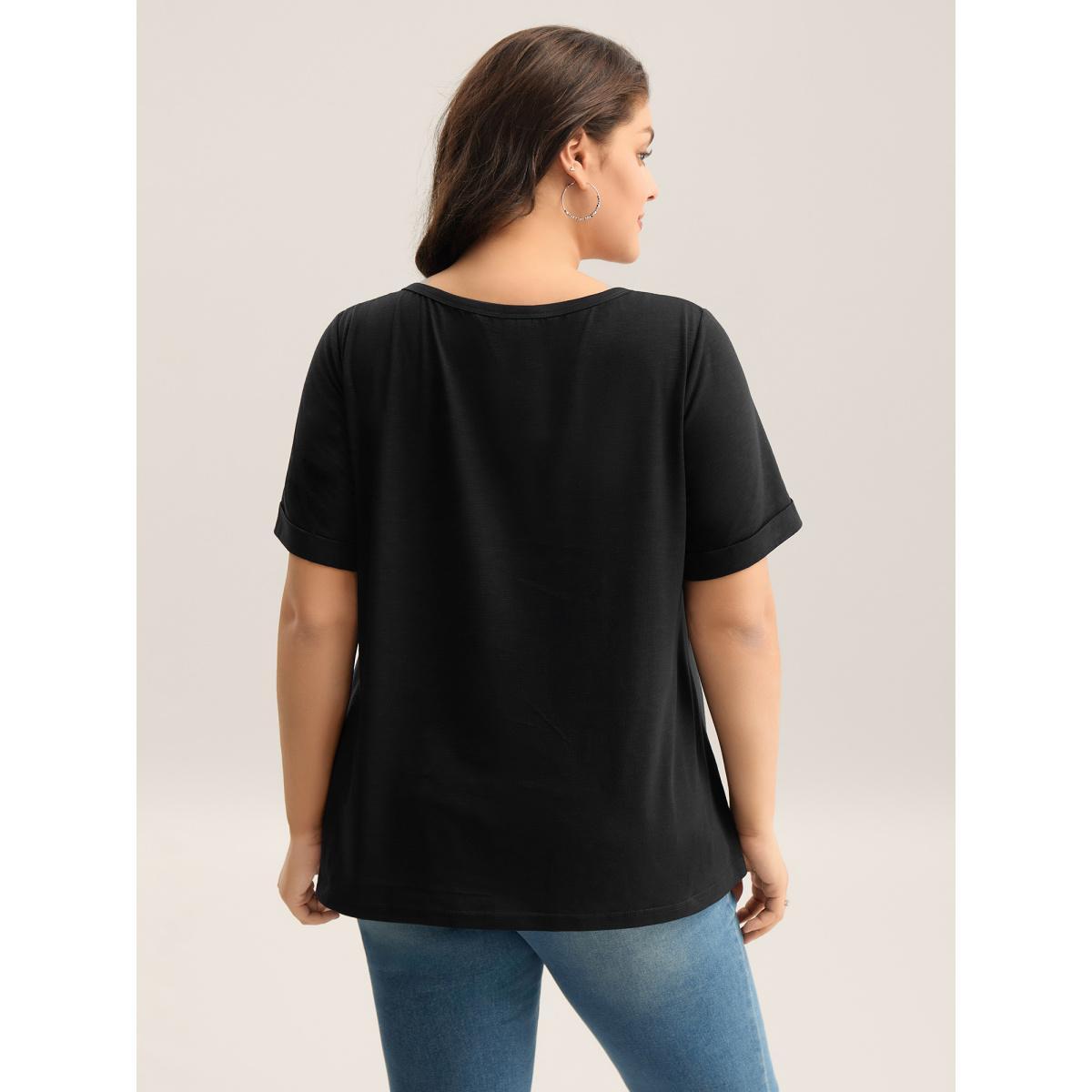 Plus Size Solid Split Neck Button Detail T-Shirt Black Women Button Notched collar Everyday-Casual T-shirts BloomChic 18-20/2X Product Image