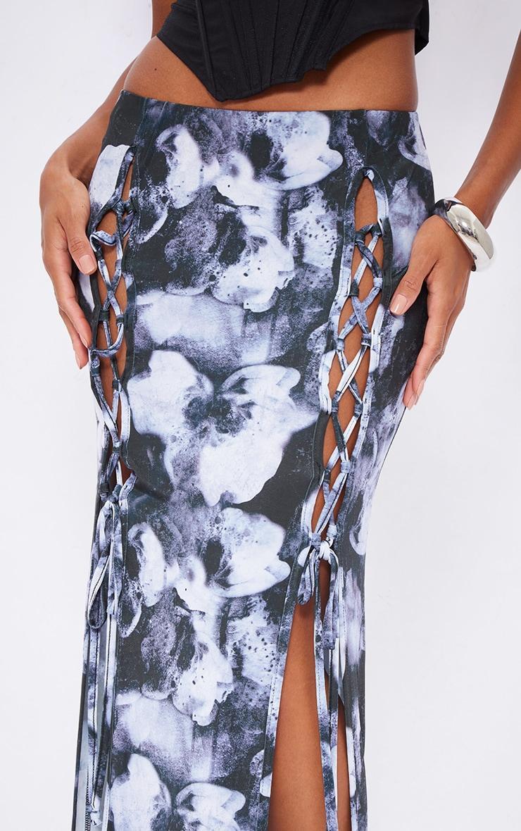 Black Printed Slinky Lace Up Front Maxi Skirt Product Image