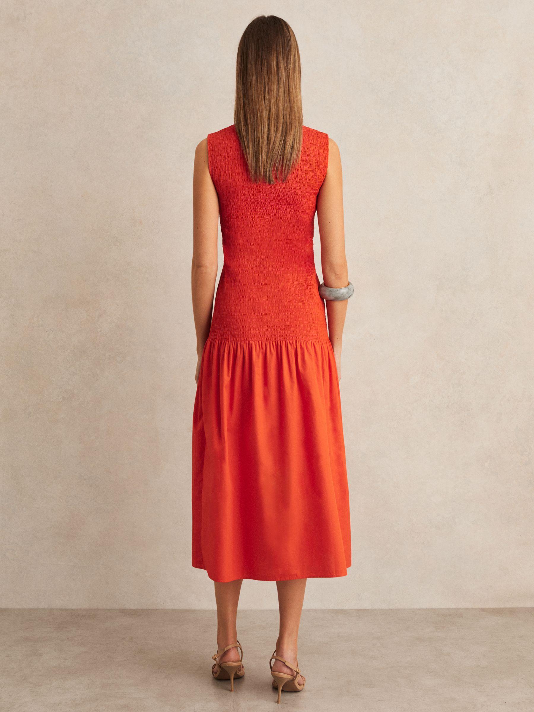 Cotton Shirred Midi Dress in Red Product Image