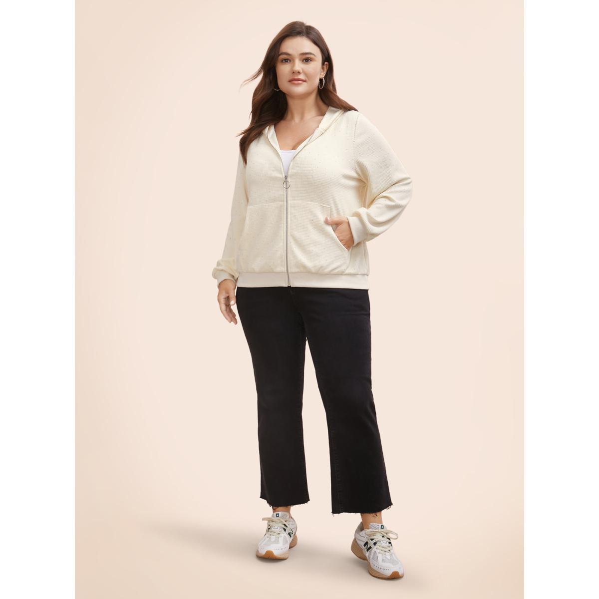 Plus Size Textured Rhinestone Hooded O Ring Zipper Sweatshirt Women Beige Casual Texture Hooded Everyday Sweatshirts BloomChic 12/L Product Image