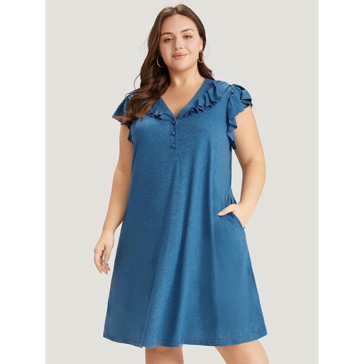 Plus Size Supersoft Essentials Plain Pocket Button Through Flutter Dress Aegean Women Casual Button V-neck Cap Sleeve Curvy Midi Dress BloomChic 28/5X Product Image