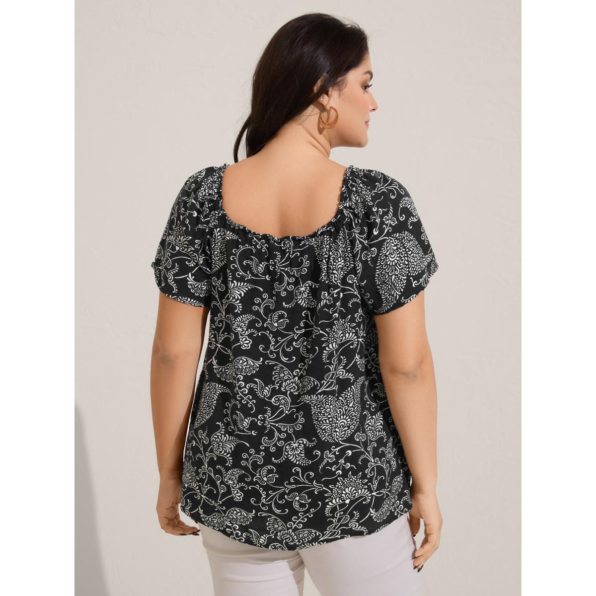 Plus Size Black Floral Print Shirred Neck Flowy Blouse Women Short sleeve Square Neck Vacation Blouses BloomChic 14-16/1X Product Image
