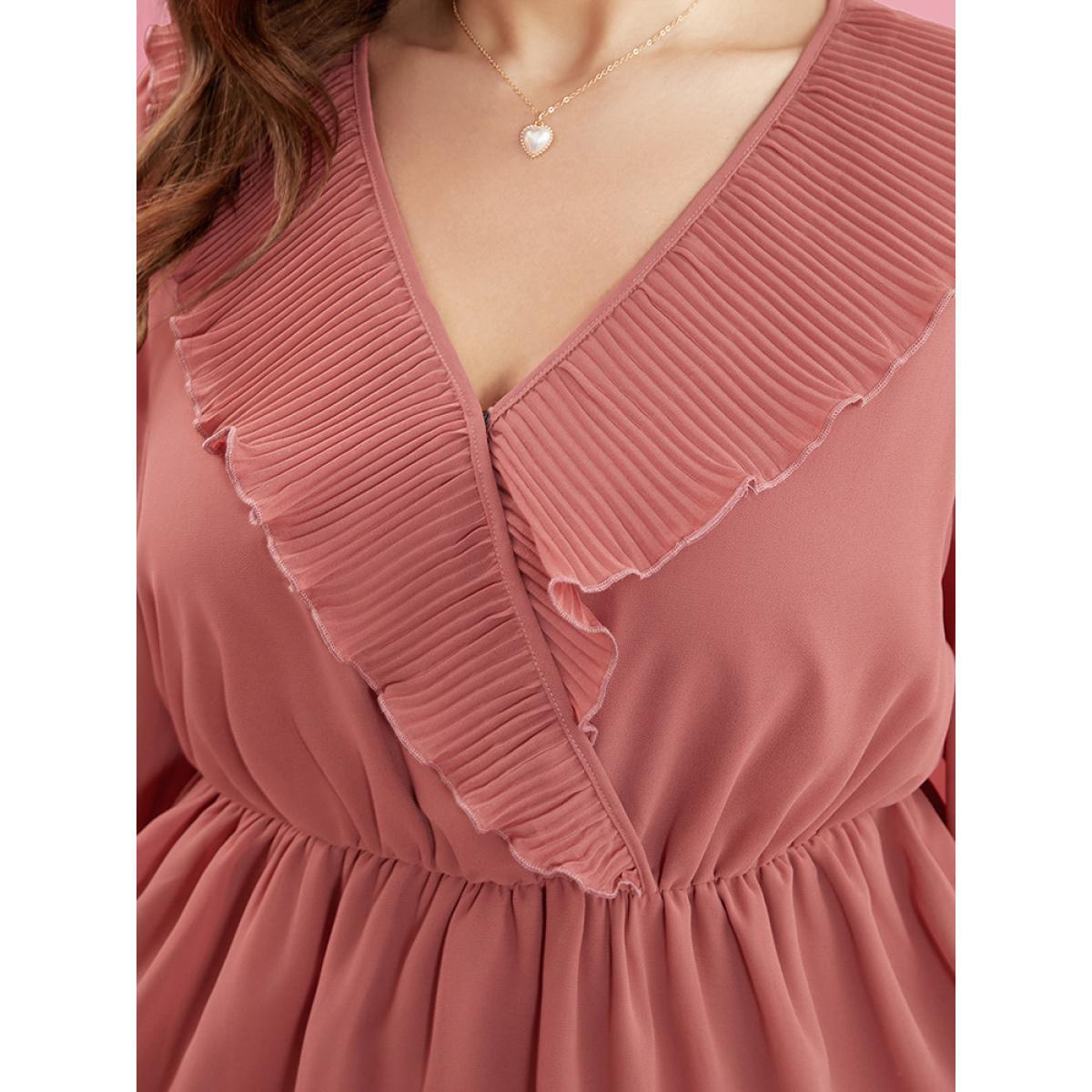 Plus Size DustyPink Solid Lantern Sleeve Pleated Ruffle Trim Wrap Blouse Women Elegant Long Sleeve V-neck Dailywear Blouses BloomChic 10/M Product Image