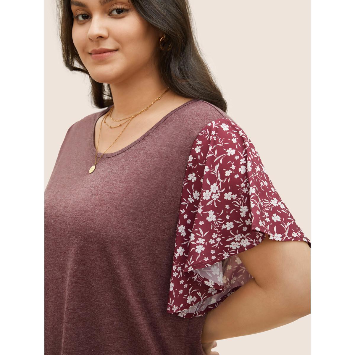 Plus Size Ditsy Floral Ruffle Sleeve Round Neck T-shirt Russet Women Elegant Ditsy Floral Everyday T-shirts BloomChic 28/5X Product Image
