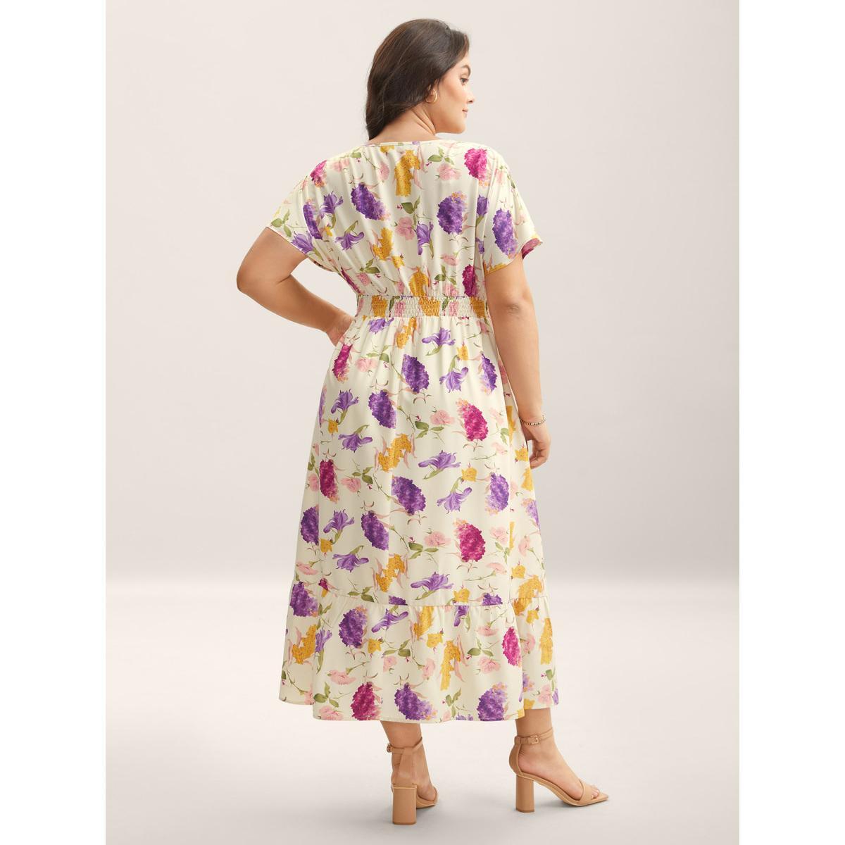 Plus Size Floral Fantasy Shirred Tiered Maxi Dress Beige Women V-neck Cap Sleeve Curvy BloomChic 28/5X Product Image