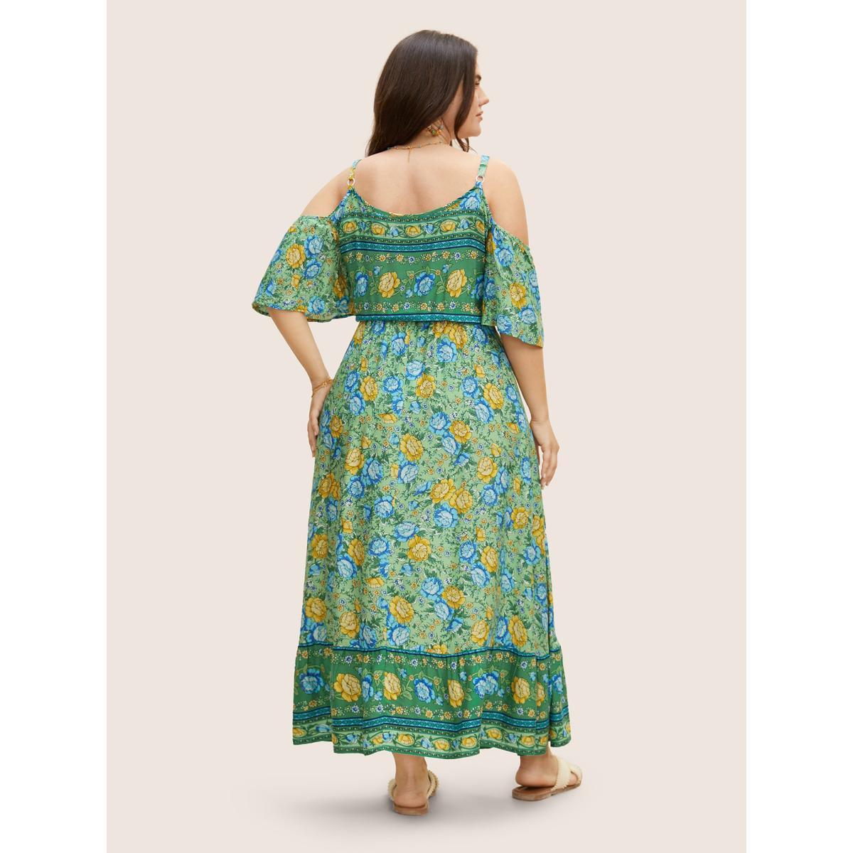 Plus Size Floral Print Pocket Keyhole Ruffles Cold Shoulder Maxi Dress Malachitegreen Women Resort Non Non Half Sleeve Curvy Long Dress BloomChic 10/M Product Image