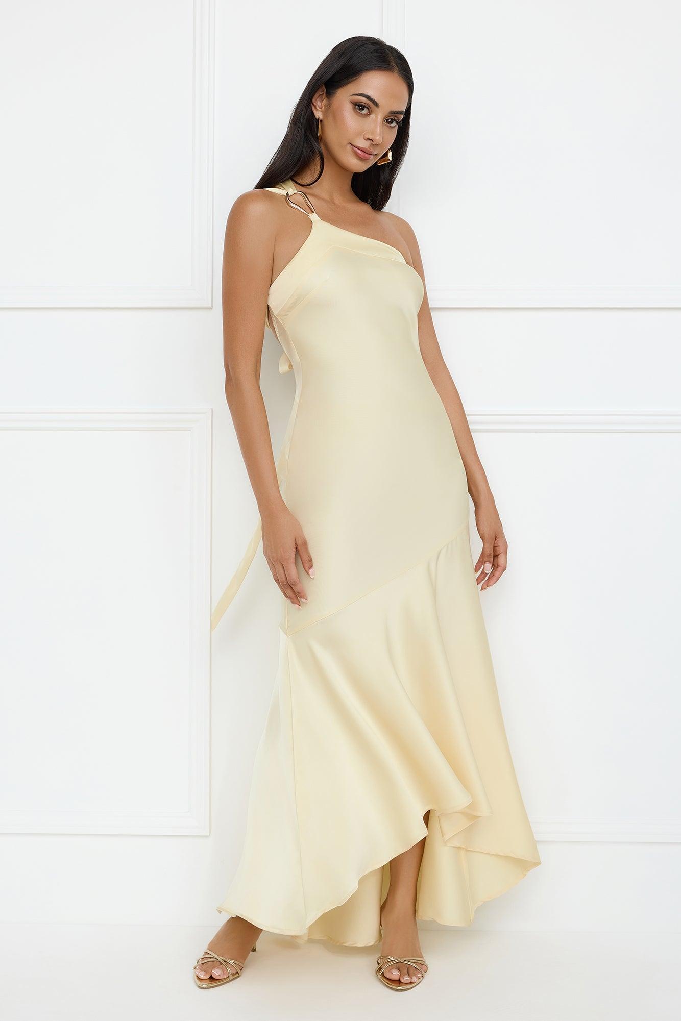 Masquerade Energy One Shoulder Satin Maxi Dress Yellow Product Image