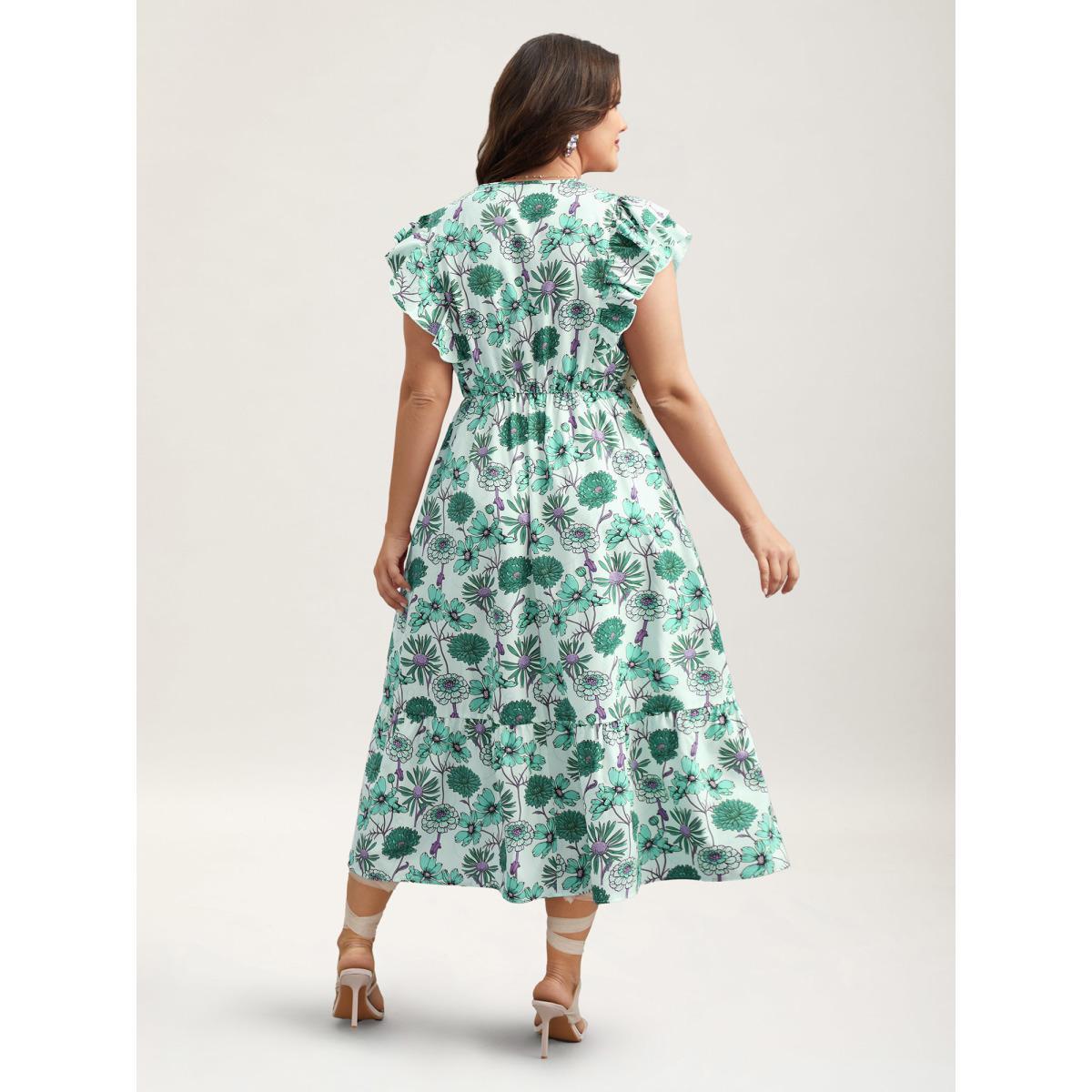 Plus Size Ruffled Floral Print Stretchy-Waist Midi Dress Turquoise Women Elegant Ruffles Round Neck Cap Sleeve Curvy BloomChic 30/6X Product Image