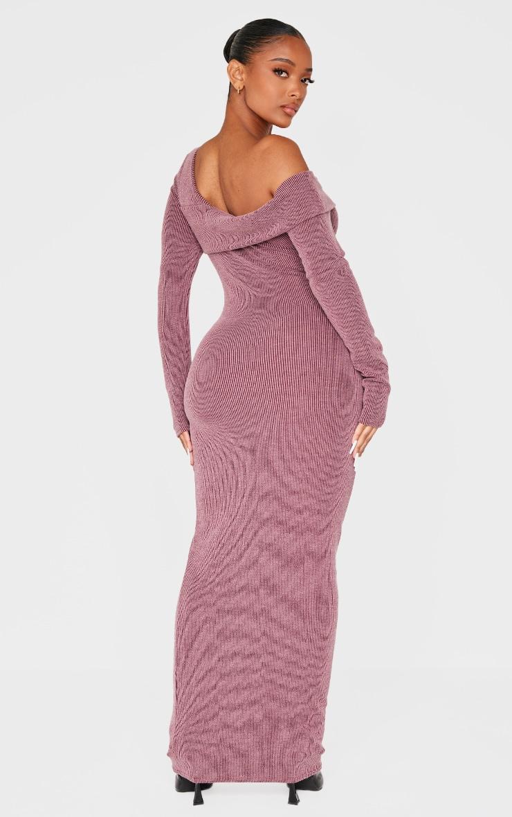 Shape Burgundy Brushed Rib Fold Over Off Shoulder Long Sleeve Maxi Dress Product Image