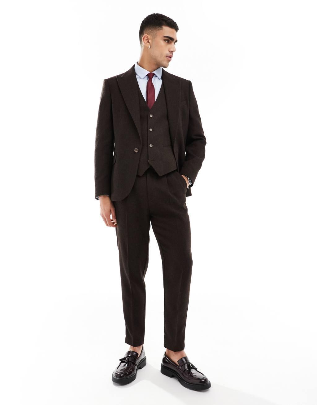 ASOS DESIGN tapered wool blend suit pants in brown twill Product Image