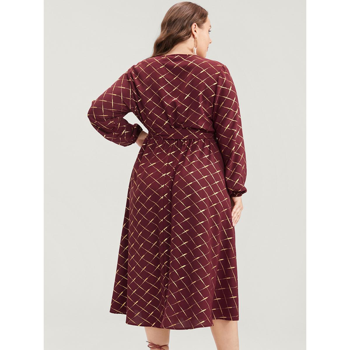Plus Size Geometric Lantern Sleeve Pocket Keyhole Round Neck Belted Dress Scarlet Women Party Elastic Waist Round Neck Long Sleeve Curvy Midi Dress BloomChic 12/L Product Image