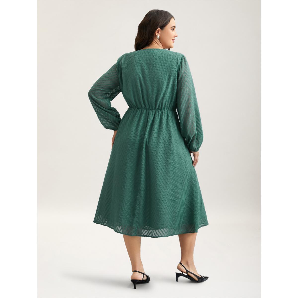 Plus Size Sheer Textured Lace Detail Pockets Midi Dress Teal Women Elegant Woven ribbon&lace trim V-neck Long Sleeve Curvy BloomChic 26/4X Product Image