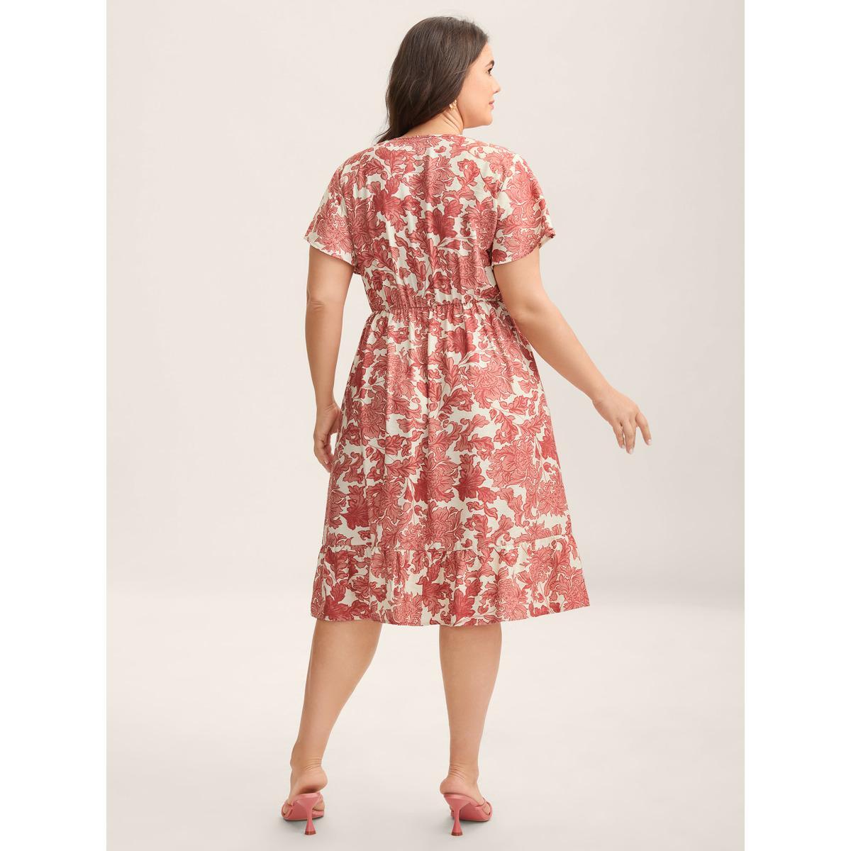 Plus Size Floral Print Wrap Ruffled Midi Dress Crimson Women Overlap Collar Short sleeve Curvy BloomChic 22-24/3X Product Image