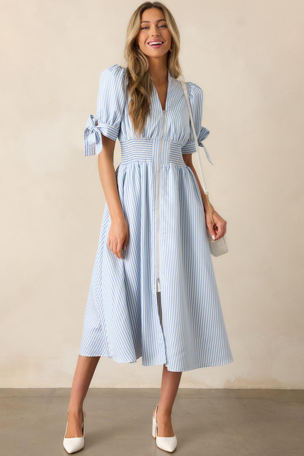 Afternoon Tea Sky Blue Stripe Zip Front Midi Dress Product Image