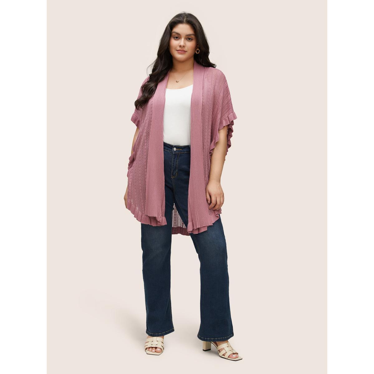 Plus Size Solid Ruffles Dolman Sleeve Split Hem Cardigan DustyPink Women Elegant Cap Sleeve Everyday Cardigans BloomChic 30/6X Product Image