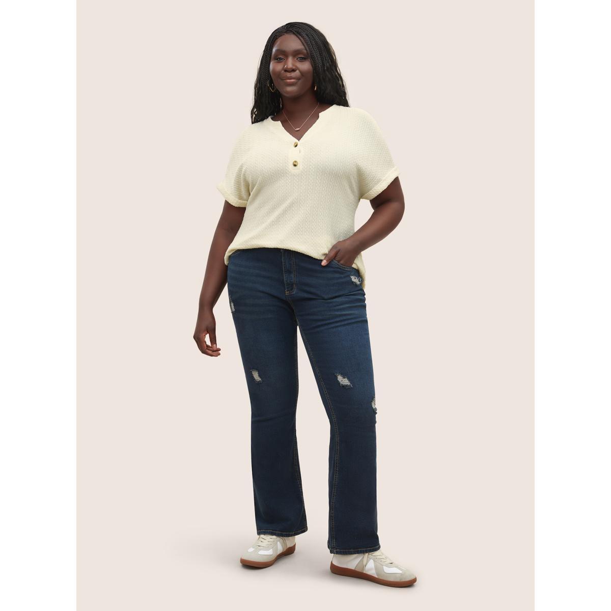 Plus Size Plisse Dolman Sleeve Button Up T-shirt Beige Women Casual Button Flat collar with V-notch Everyday T-shirts BloomChic 10/M Product Image