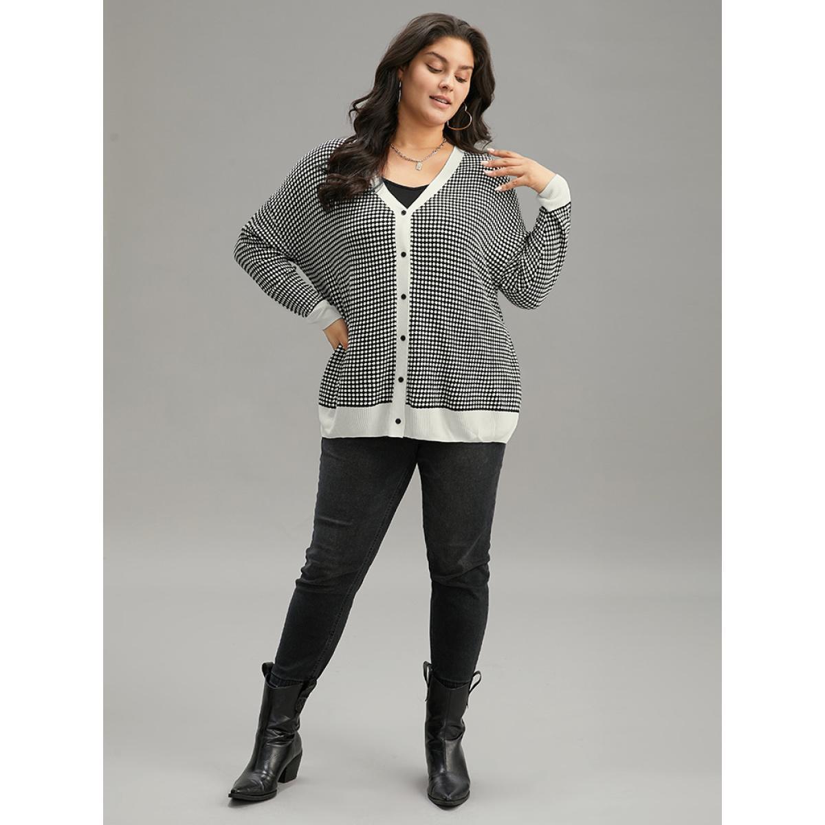 Plus Size Polka Dot Patchwork Button Through Cardigan Black Women Casual Loose Long Sleeve Dailywear Cardigans BloomChic 22-24/3X Product Image