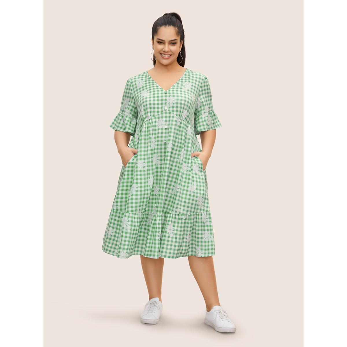 Plus Size Gingham Floral Ruffles Button Detail Dress Sage Women Casual Button V-neck Half Sleeve Curvy BloomChic 22-24/3X Product Image