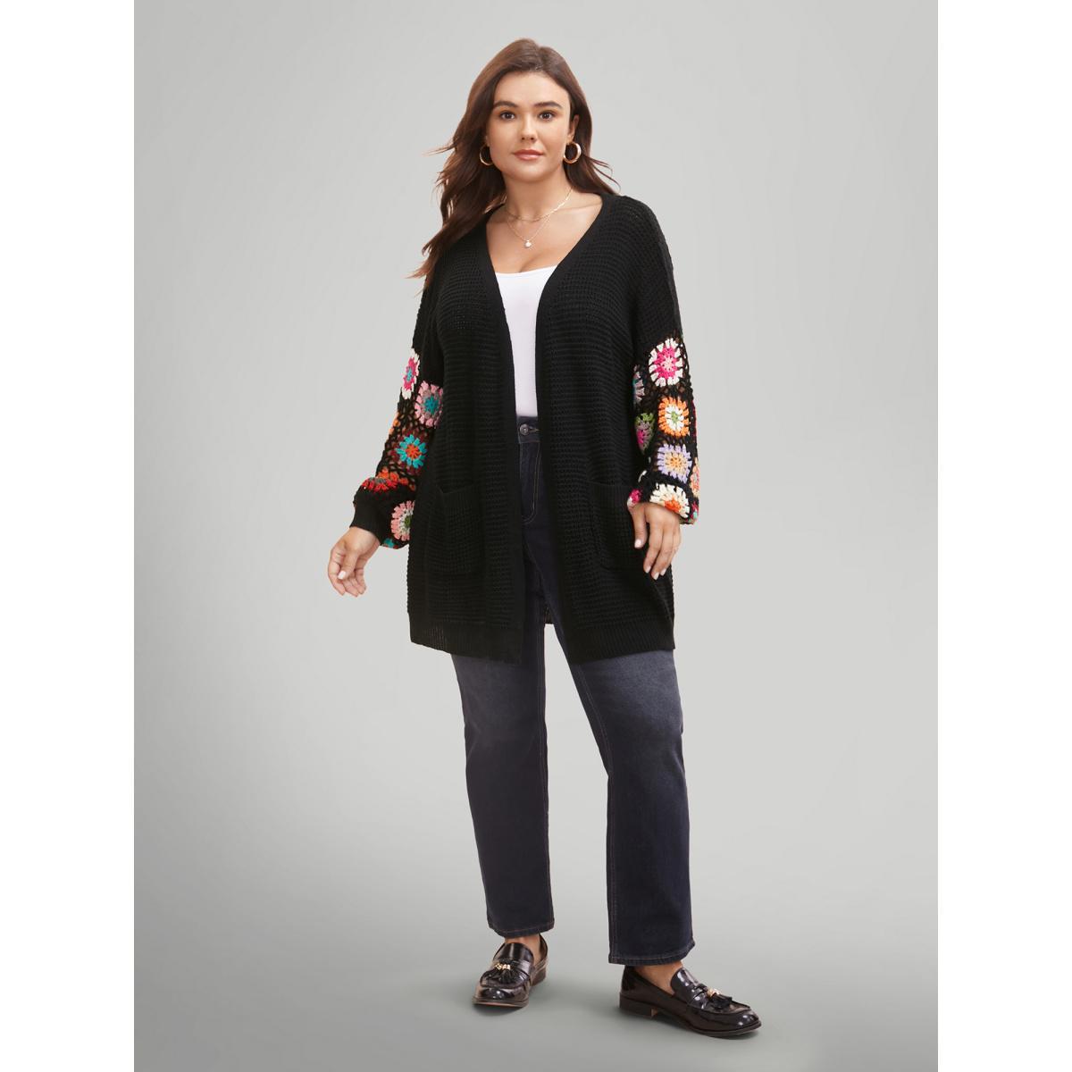 Plus Size Crochet Floral Drop Shoulder Cut Out Cardigan Black Women Resort Loose Long Sleeve Vacation Cardigans BloomChic 28/5X Product Image