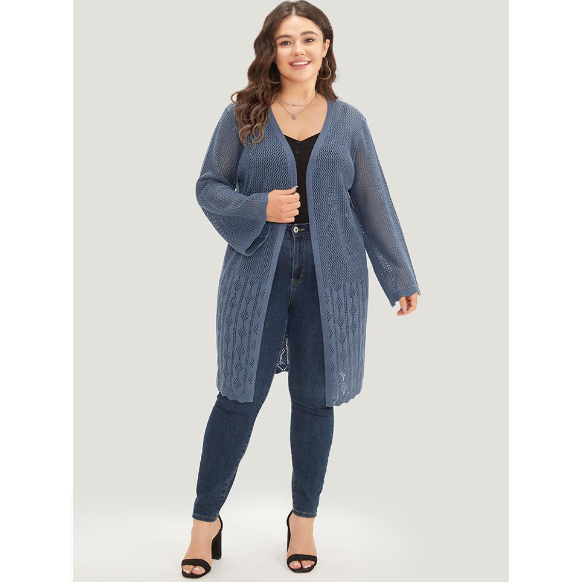Plus Size Solid Geometric Eyelet Open Front Cardigan Aegean Women Casual Loose Long Sleeve Dailywear Cardigans BloomChic 14-16/1X Product Image
